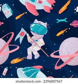 Cosmonaut in outer space. UFOs, spaceships, rockets. Solar system, intergalactic travel. Galaxies, planets, asteroids, comets, shooting stars. Vector illustration in cartoon style on background