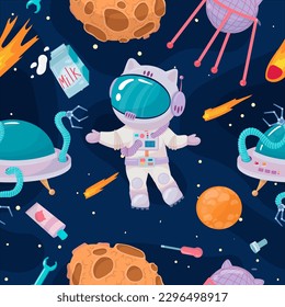 Cosmonaut in outer space. UFOs, spaceships, rockets. Solar system, intergalactic travel. Galaxies, planets, asteroids, comets, shooting stars. Vector illustration in cartoon style on  background