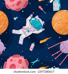 Cosmonaut in outer space. UFOs, spaceships, rockets. Solar system, intergalactic travel. Galaxies, planets, asteroids, comets, shooting stars. Vector illustration in cartoon style on  background