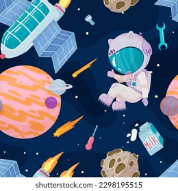 Cosmonaut in outer space. UFOs, spaceships, rockets. Solar system, intergalactic travel. Galaxies, planets, asteroids, comets, shooting stars. Vector illustration in cartoon style on  background