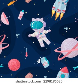 Cosmonaut in outer space. UFOs, spaceships, rockets. Solar system, intergalactic travel. Galaxies, planets, asteroids, comets, shooting stars. Vector illustration in cartoon style on  background