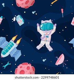 Cosmonaut in outer space. UFOs, spaceships, rockets. Solar system, intergalactic travel. Galaxies, planets, asteroids, comets, shooting stars. Vector illustration in cartoon style on background