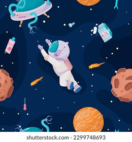 Cosmonaut in outer space. UFOs, spaceships, rockets. Solar system, intergalactic travel. Galaxies, planets, asteroids, comets, shooting stars. Vector illustration in cartoon style on background