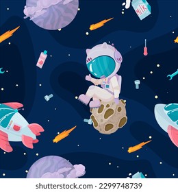 Cosmonaut in outer space. UFOs, spaceships, rockets. Solar system, intergalactic travel. Galaxies, planets, asteroids, comets, shooting stars. Vector illustration in cartoon style on background