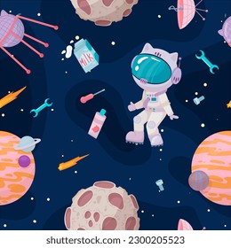 Cosmonaut in outer space. UFOs, spaceships, rockets. Solar system, intergalactic travel. Galaxies, planets, asteroids, comets, shooting stars. Vector illustration in cartoon style on background