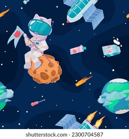 Cosmonaut in outer space. UFOs, spaceships, rockets. Solar system, intergalactic travel. Galaxies, planets, asteroids, comets, shooting stars. Vector illustration in cartoon style on  background