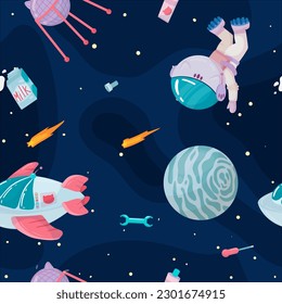 Cosmonaut in outer space. UFOs, spaceships, rockets. Solar system, intergalactic travel. Galaxies, planets, asteroids, comets, shooting stars. Vector illustration in cartoon style on background