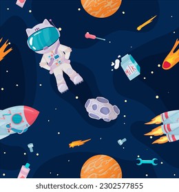 Cosmonaut in outer space. UFOs, spaceships, rockets. Solar system, intergalactic travel. Galaxies, planets, asteroids, comets, shooting stars. Vector illustration in cartoon style on background