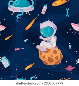 Cosmonaut in outer space. UFOs, spaceships, rockets. Solar system, intergalactic travel. Galaxies, planets, asteroids, comets, shooting stars. Vector illustration in cartoon style on background