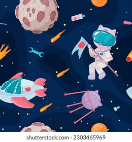 Cosmonaut in outer space. UFOs, spaceships, rockets. Solar system, intergalactic travel. Galaxies, planets, asteroids, comets, shooting stars. Vector illustration in cartoon style on  background