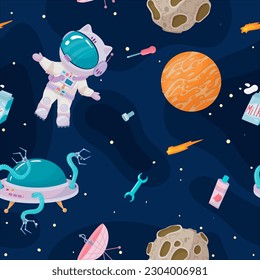 Cosmonaut in outer space. UFOs, spaceships, rockets. Solar system, intergalactic travel. Galaxies, planets, asteroids, comets, shooting stars. Vector illustration in cartoon style on  background