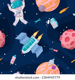 Cosmonaut in outer space. UFOs, spaceships, rockets. Solar system, intergalactic travel. Galaxies, planets, asteroids, comets, shooting stars. Vector illustration in cartoon style on  background