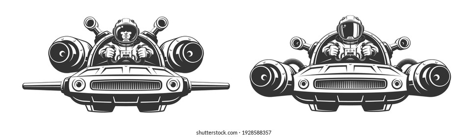 Cosmonaut Pilot Controls Scifi Flying Car. Spaceman In Little Spaceship. Vector Retro Illustration.