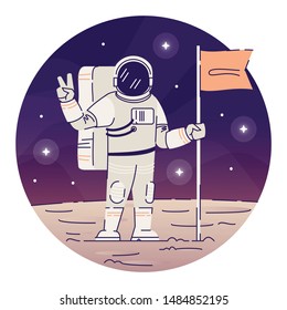 Cosmonaut placing flag on moon flat concept icon. Astronaut in space suit showing peace sign sticker, clipart. Alien planet landing, space exploration isolated cartoon illustration on white background