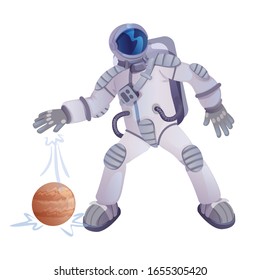 Cosmonaut and planet flat cartoon vector illustration. Astronaut, spaceman and celestial body. Ready to use 2d character template for commercial, animation, printing design. Isolated comic hero