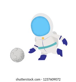 Cosmonaut playing with moon as ball. Character, game, sport. Can be used for topics like solar system, astronomy, mission