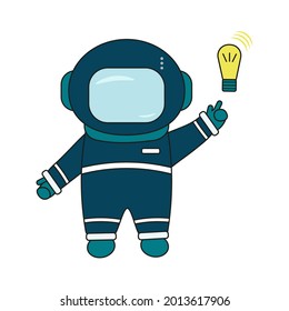 The cosmonaut points to a burning light bulb. Vector flat illustration in color. A symbol of creativity, creative ideas, reason, thinking.