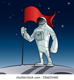 Cosmonaut puts a flag on the moon
