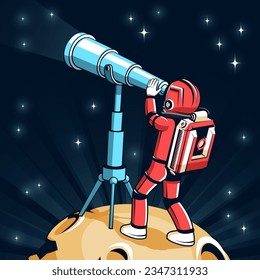 A cosmonaut in a red spacesuit looks through a telescope at the far reaches of space. Astronaut on the moon with a telescope. Vector illustration in retro comic style.