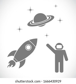 cosmonaut with rocket and planet  in space - concept icon