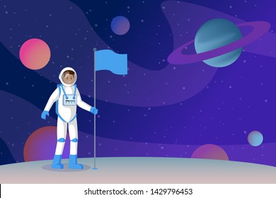 Cosmonaut setting flag flat vector illustration. Smiling astronaut in outer space, spaceman standing on alien planet surface cartoon character. Moon landing, interstellar traveling drawing