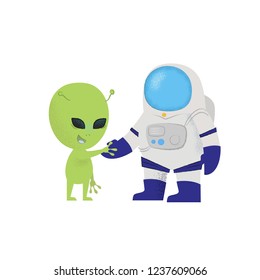 Cosmonaut shaking hand of alien. Character, discovery, exploration.Can be used for topics like friendship, communication, colonization