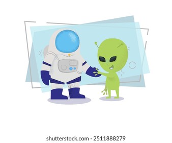 Cosmonaut shaking hand of alien. Character, discovery, exploration.
Can be used for topics like friendship, communication, colonization