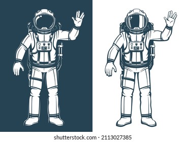 Cosmonaut shows the Vulcan salutation hand gesture. Astronaut in spacesuit waves his hand. Vector retro illustration.