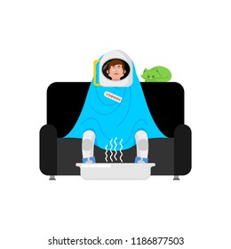 Cosmonaut sick sitting in armchair wrapped in blanket. Astronaut illness sneezing. Unhappy spaceman having flu sitting on sofa. vector illustration