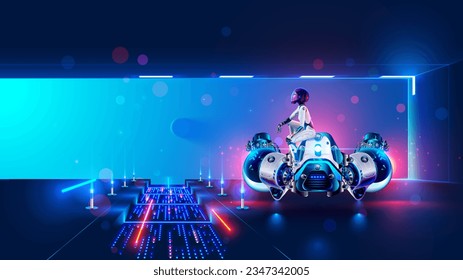 An cosmonaut sits on a futuristic spaceship at spaceport and looks at the stars. Sci-fi illustration of an astronaut in a futuristic spacesuit, on the runway of a space station, a flying saucer landed