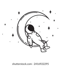 Cosmonaut sleeping on the moon. Vector line art