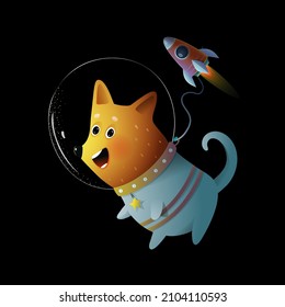 Cosmonaut space dog funny cartoon kids character. Puppy in outer space with spacecraft wearing cosmonaut suit. Vector clipart isolated on black background. Children cartoon in watercolor style.