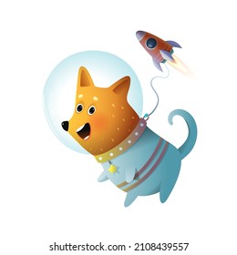 Cosmonaut space dog funny cartoon character for kids. Puppy in outer space with spacecraft wearing cosmonaut suit. Vector clipart isolated on white background. Children cartoon in watercolor style.