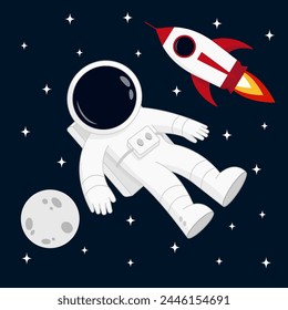 Cosmonaut in space with moon and stars satellite and flying rocket