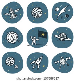Cosmonaut and space objects icon set. Vector image set, 3 colors.