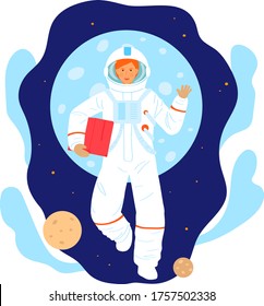 Cosmonaut space research woman character, female astronaut occupation professional researcher isolated on white, cartoon vector illustration. Girl fly open cosmos area, orbit planet earth.