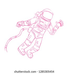 Cosmonaut in space. Waving his hand.