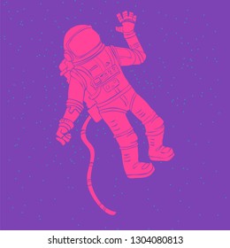 Cosmonaut in space. Waving his hand.