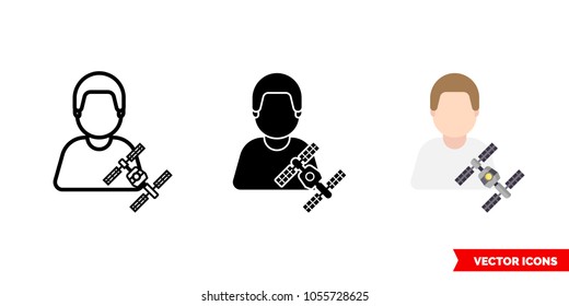 Cosmonaut spaceman icon of 3 types: color, black and white, outline. Isolated vector sign symbol.
