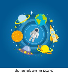 Cosmonaut and spaceships, planets around