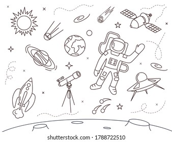 Cosmonaut in Spacesuit Concept Contour Linear Style Include of Star, Planet and Satellite. Vector illustration of Lineart