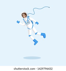 Cosmonaut in spacesuit floating vector illustration. Female astronaut, explorer flying in space, spaceship zero gravity cartoon vector character. Space mission, universe exploration clipart