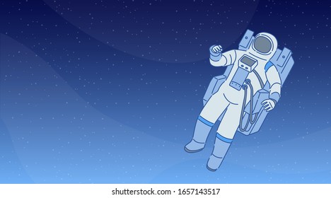 Cosmonaut in a spacesuit with space equipment walking among stars and planets in open space. Human spaceflight, astronaut vector cartoon illustration. Cosmic science banner design.