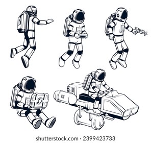 Cosmonauta en un espacio en diferentes poses. Astronauta en bicicleta espacial. Dibujo vectorial de contorno. Conjunto de cosmonautas.