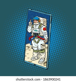 cosmonaut speaker lecturer on a conference call via a mobile phone screen. Online education. Pop art retro illustration kitsch vintage 50s 60s style