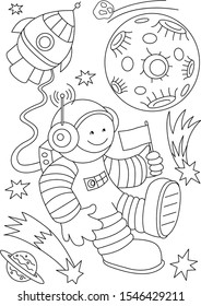 Cosmonaut, stars, planets contour. Shuttle coloring page. Space ship and planets sketch. Cosmos coloring page