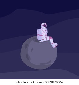 Cosmonaut, stronaut is sitting on lonely planet. Person in space is flying on the moon or an asteroid. Stock vector cartoon illustration.