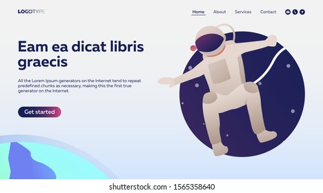 Cosmonaut in suit flying in space. Spacesuit, planet, helmet. Flat vector illustration with astronautics concept for banner, website design or landing web page
