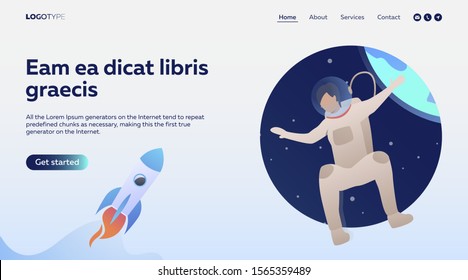 Cosmonaut in suit flying in space. Spacesuit, planet, helmet. Flat vector illustration with astronautics concept for banner, website design or landing web page