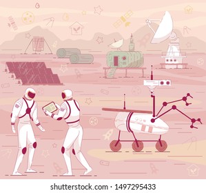 Cosmonaut in Suit Mars Colony Cosmic Base Building with Rover, Antenna. Red Planet Landscape Vector Illustration. Colonization Terraforming Concept. Moon Station. Space Exploration